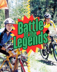 Legends - Australia MTBO Championship 2024 - Australia MTBO Championship 2024 Promotional graphic for 'Battle of the Legends' cycling event, featuring two riders on a forest trail with a bold red-yellow burst logo overlaid.