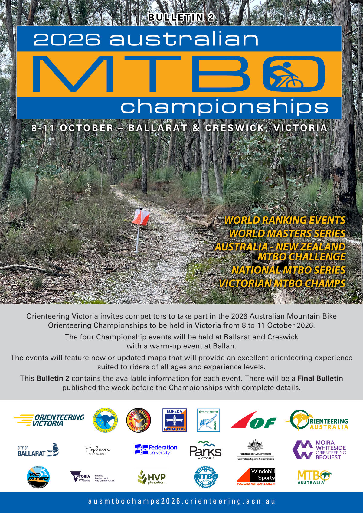 Poster advertising the 2026 Australian MTBO Championships set over a forest trail with a bold blue‑orange banner and event dates; includes multiple sponsor logos at the bottom and a small trail marker on the path.